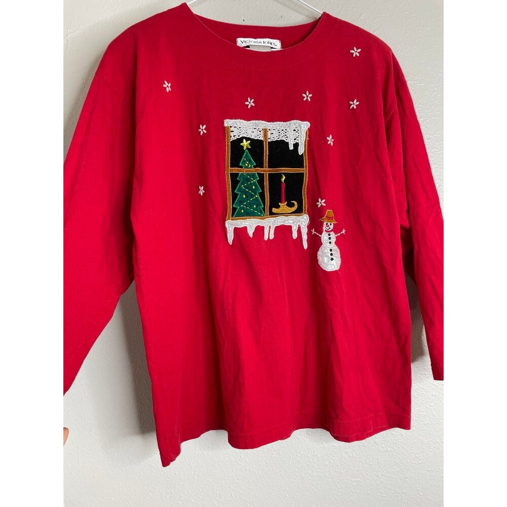 Vintage Christmas Embroidered Top XL • Cute Snowman Holiday Red Long Sleeve - Picture 5 of 6